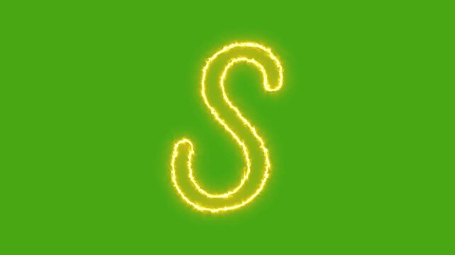 Glowing neon letter s animation with electric energy effect on green screen background, alphabet