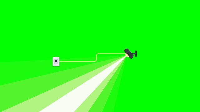 Minimal flat motion graphic of a light switch activating a wall lamp, followed by a bright directional light beam sweeping across the frame on a clean green screen background.