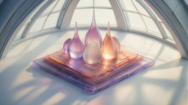 Minimalist sculptural cluster featuring smooth frosted glass drops and angular terraced platforms displayed in a bright modern studio setting