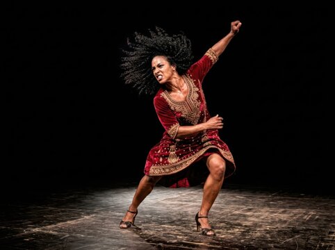 Dynamic dancer in dramatic stage performance with powerful expressive movement