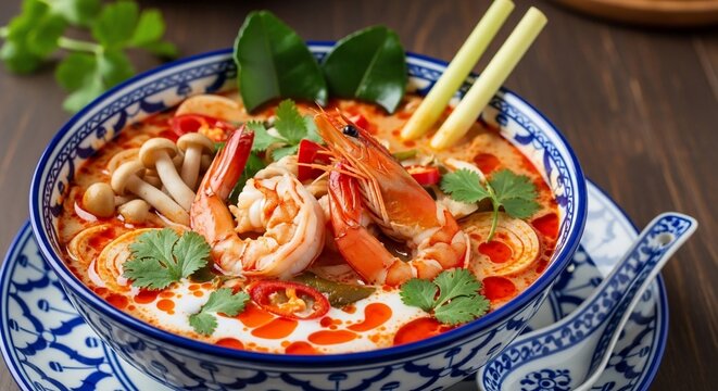 Delicious Tom Yum Goong Spicy Shrimp Soup with Mushrooms and Herbs.