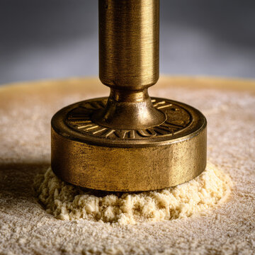Parmesan cheese wheel stamping macro photography showing engraved bronze branding matrix pressing textured rind with fine crumb detail and crisp natural reflection