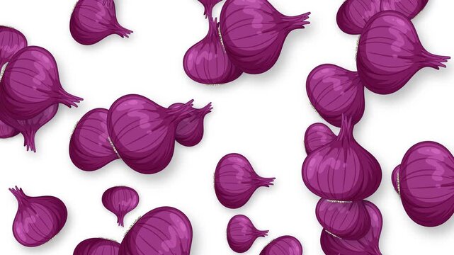 Animated Red Onions Falling Downwards Against a Plain White Background