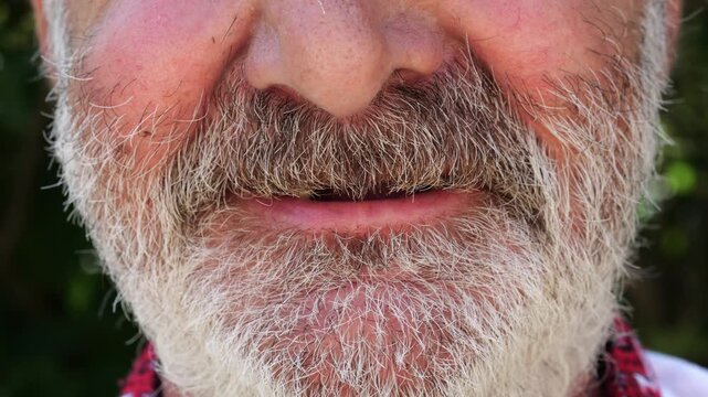 Close up toothless mouth of older bearded man smiling on camera. His expression open and kind, showing the warmth and simplicity of genuine emotion. Scene captures imperfection and human beauty