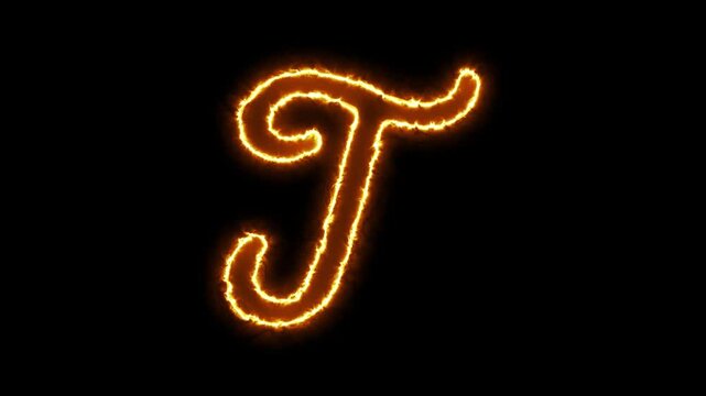 Glowing fire letter t animation, burning alphabet character with realistic flame effect on black background
