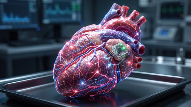 Bionic Human Heart with Microchip Sensor resting on Medical Tray