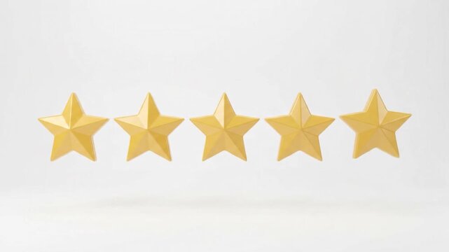 Golden Five Star Customer Satisfaction Rating Revealing One by One on a Clean white Background with copy space, Five Star Satisfaction Rating Footage