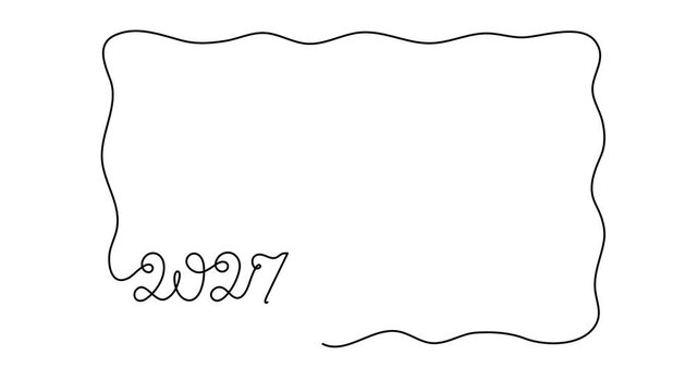  2027 new year lettering calligraphy text on frame one line art animation, continuous line drawing holiday festive congratulations banner motion, christmas celebration numbers. 4k self-drawing video