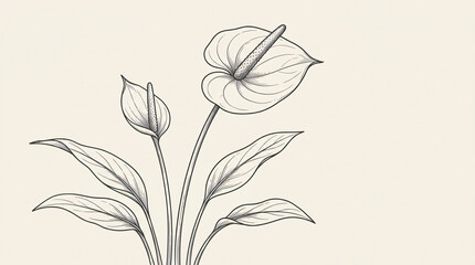 Obraz premium Minimalist Line Drawing of Peace Lily Flower with Leaves.