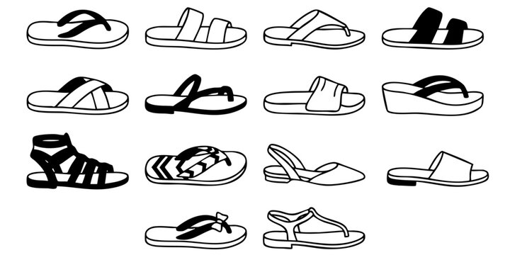 Black and white outline vector set of various fashion summer sandals and footwear designs for women