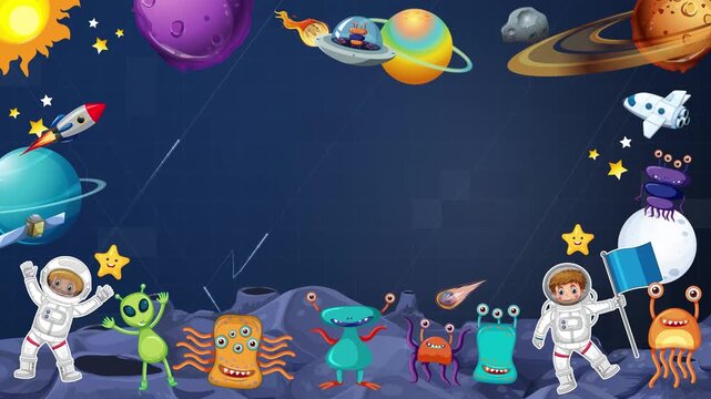 Cartoon Outer Space Border Animation with Astronauts and Aliens