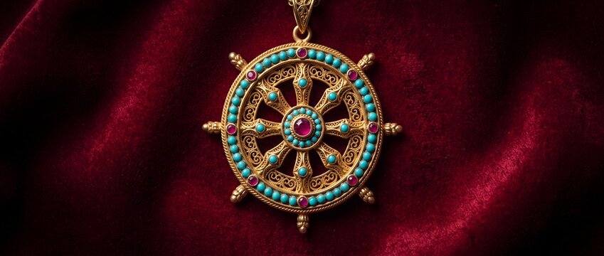 Golden dharma wheel pendant with gemstones on red velvet fabric