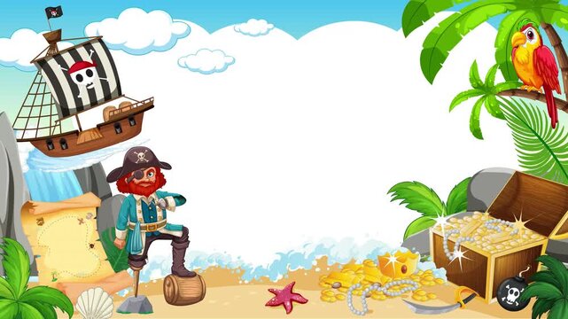 Pirate Island Cartoon Animated Frame Border with Copy Space