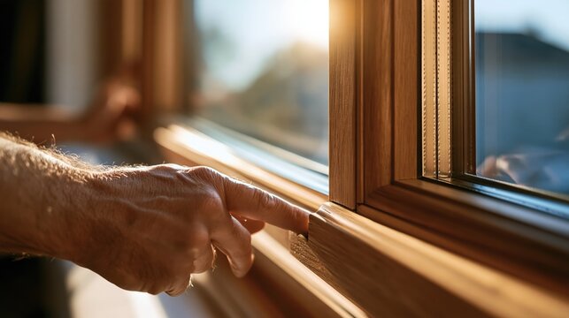 A senior person's hand rests on a wooden window sill with warm sunlight streaming through an open window frame, mountains visible in the blurred background.