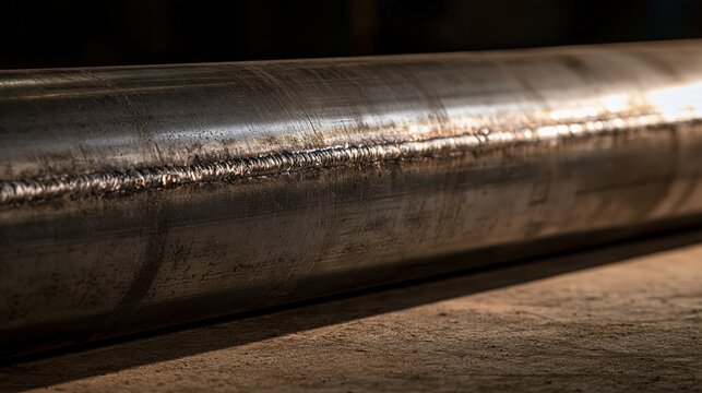 Close-up of a welded steel pipe showing detailed seam texture and metallic surface finish. The industrial component displays grinding marks and reflective metal detailing against a dark background.