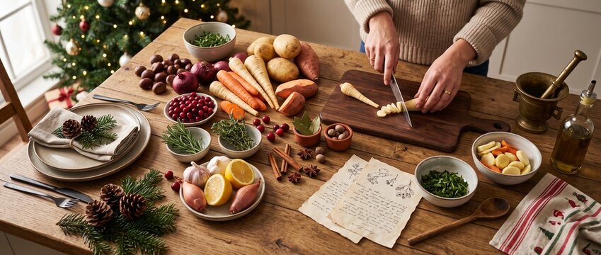 Christmas dinner preparation with hands chopping ingredients, seasonal vegetables, herbs and recipe notes on kitchen table creating festive holiday cooking atmosphere