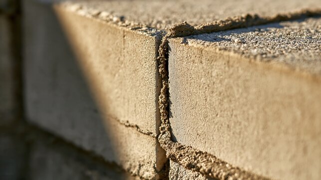 Close-up of a concrete block joint showing weathered mortar seam and textured surface with sharp sunlight casting shadows.