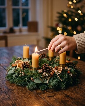 Advent wreath with candles being lit during Christmas season, cozy winter evening ritual with evergreen branches, warm candlelight and traditional holiday preparation at home