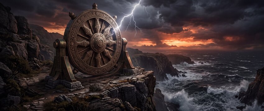 Giant bronze dharmachakra wheel standing on a rocky cliff overlooking a stormy ocean at sunset with dramatic dark clouds and bright lightning