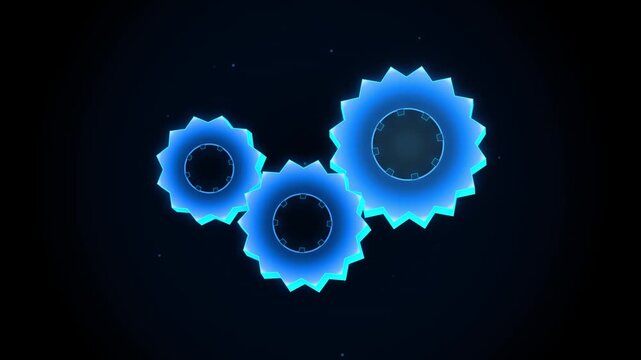 Glowing blue digital gear mechanism rotating in abstract cyberspace background, gears cogs mechanical