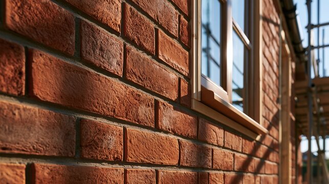 Close-up of a red brick building exterior with a window frame casting shadows in bright sunlight. The textured masonry and window mullions create strong architectural detail and contrast.