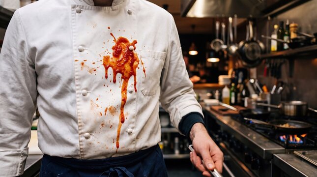 A chef in a white chef's jacket stands in a professional kitchen with a vibrant red sauce splatter across the chest. The blurred background reveals stainless steel countertops, cooking equipment,...