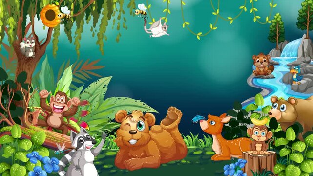Cartoon Jungle Animals Background Animation with Waterfall and Copy Space