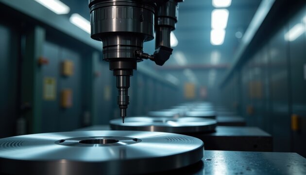 Industrial CNC machine tool with a precision spindle positioned above a metal workpiece in a modern factory facility. The sharp focus highlights the cutting head and spindle assembly in a...