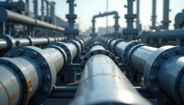 Industrial pipeline system with metal tubes and flanged connections in a refinery or processing plant. Multiple steel pipes with bolted flanges extend into the distance under bright daylight.
