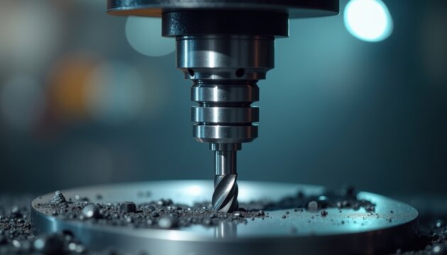 A precision CNC drill bit machines a metal workpiece under bright industrial lighting, with metal shavings scattered across the surface. The metallic spindle and cutting tool are captured in sharp...