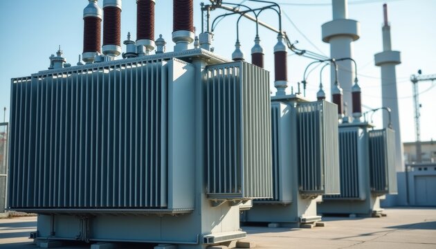 Large power transformers with high-voltage insulators and electrical infrastructure at an industrial substation facility under clear sky.