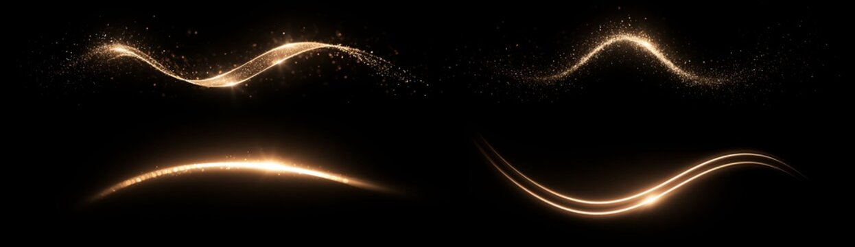 Set of abstract golden light trails and glowing waves on a black background. Luminous lines with sparkling dust particles and lens flares. Dynamic luxury design elements and festive overlay effects.
