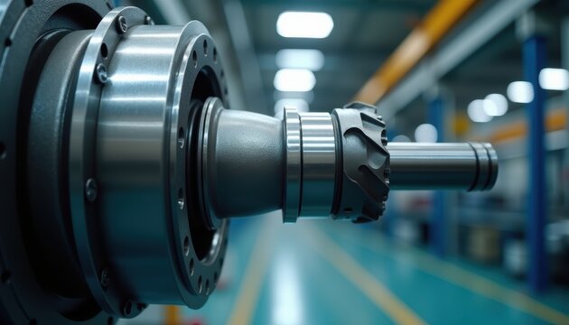 Close-up of precision machined metal shaft and gear components in an industrial manufacturing facility with overhead lighting and blue production floor.