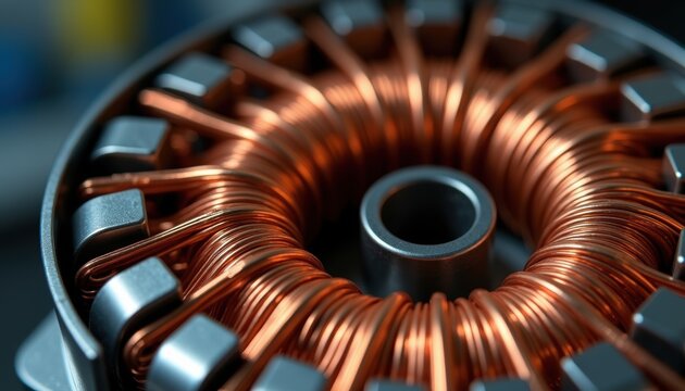 Close-up of a copper wire coil inside an electric motor stator with metallic core. The wound copper wire shows detailed manufacturing of industrial electrical equipment.