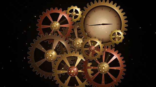 Golden clockwork gears rotating animation: steampunk mechanical time concept with floating particles on black background