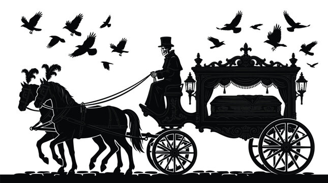 Skeletal driver guiding horses pulling ornate funeral hearse surrounded by flying black crows