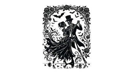 Fototapeta premium Elegant skeleton couple dancing together under floral archway during spooky halloween night celebration