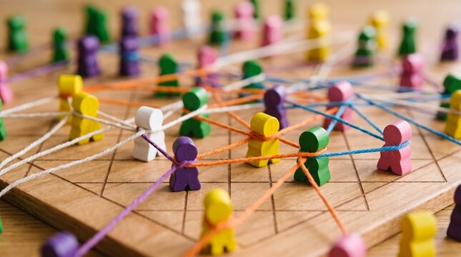 Wooden game board with colorful human figures connected by strings representing networks and relationships