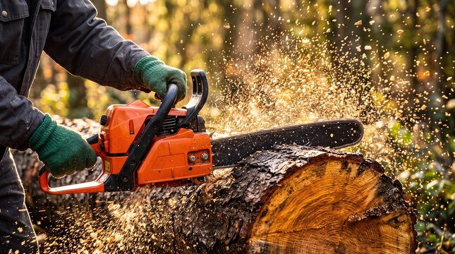 A worker in green gloves operates a red chainsaw, cutting through a thick log with bright sawdust flying. The outdoor forest setting features blurred green foliage in the background.