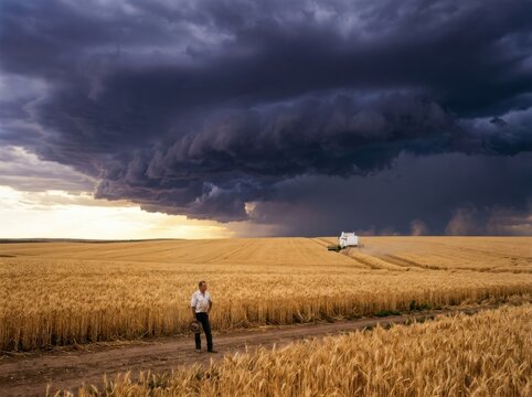 Stormy wheat harvest under dramatic thunderclouds