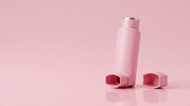 Pink asthma inhaler for respiratory treatment on pink background
