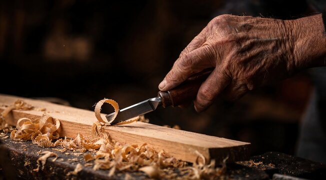 Senior craftsman's weathered hand carves wood with a chisel, creating curled shavings on a natural wooden plank against a dark background.