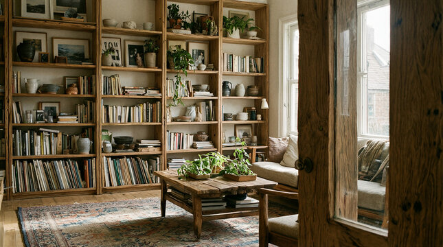 Japandi living room featuring a large wooden bookshelf with paperbacks and plants