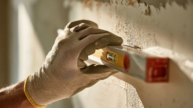 Worker in protective gloves uses a spirit level to check the alignment of freshly plastered wall during construction or renovation work.