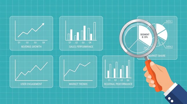 Business data analysis illustration with charts graphs and a magnifying glass over a pie chart