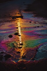 Fototapeta premium Iridescent oil slick on a wet surface with golden reflection, fuel pollution and environmental contamination concept