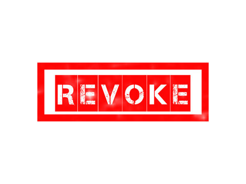Red rubber stamp with the word revoke in a distressed stencil font inside a rectangular frame on a solid black background, for document marking isolated on a transparent background