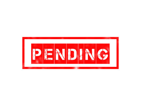 Red rubber stamp with the word pending in a distressed stencil font inside a rectangular frame on a solid black background, isolated isolated on a transparent background
