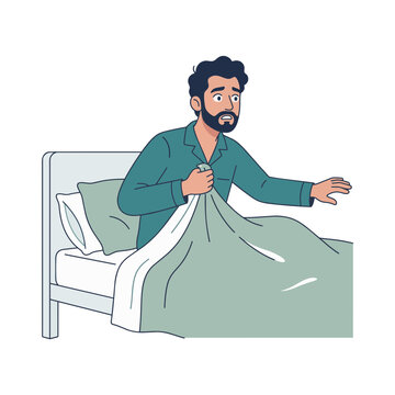 Man in bed, looking startled and reaching out, pulling covers, representing nightmares or sleep disturbances, flat vector illustration style with muted colors and simple character design