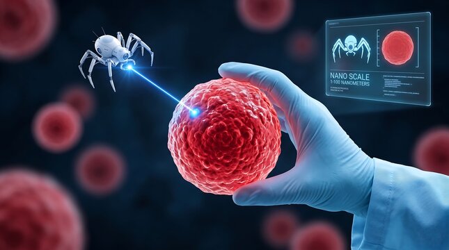 Futuristic nanoscale robotic spider examining a red blood cell with medical interface display